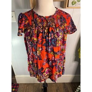 Anthropologie‎ Smocked Peasant Blouse Orange Floral Print Short Sleeve Women's S
